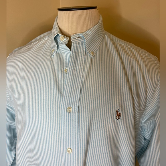 RALPH LAUREN Teal Stripe Oxford Button Down Shirt Size 16.5-35 - Picture 3 of 8